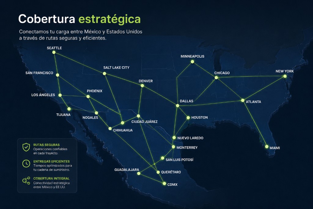 Mapa de rutas logísticas entre México y Estados Unidos